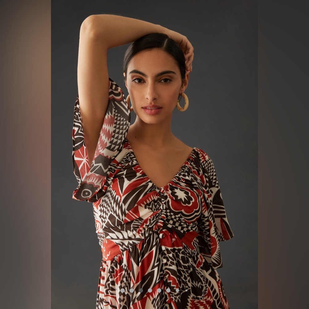By Anthropologie XL Tiered Maxi Dress Red Pattern Short Sleeve V-Neck‎ Buttons - Picture 14 of 15